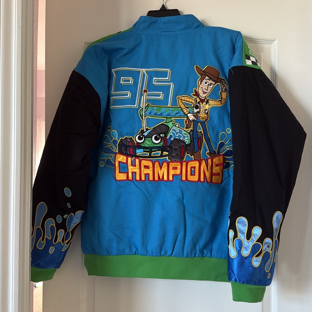 New Disney Toy Story Woody Bomber Varsity Race Jacket Coat Blue Black
